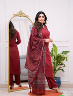 Thumbnail for The52 Maroon Women's Gorgeous Parampara Fabric Embroidered Work Straight Kurta Pant and Dupatta Set - Distacart