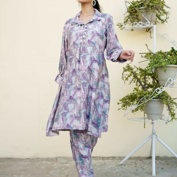 Vaasva Women Lavender Muslin Printed Shirt & Pant Set - Distacart