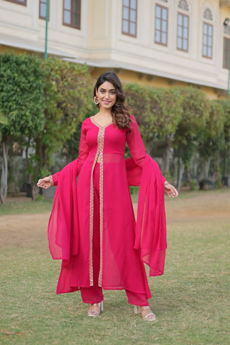 Jyoti Fashion Women's Pink Faux Blooming Embroidered Kurta with Trouser & Dupatta - Distacart