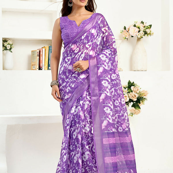 Joban Fashion Purple  Floral And Bird Motifs Linen Ready To Wear Saree With Unstitched Blouse - Distacart