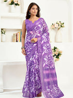 Thumbnail for Joban Fashion Purple  Floral And Bird Motifs Linen Ready To Wear Saree With Unstitched Blouse - Distacart