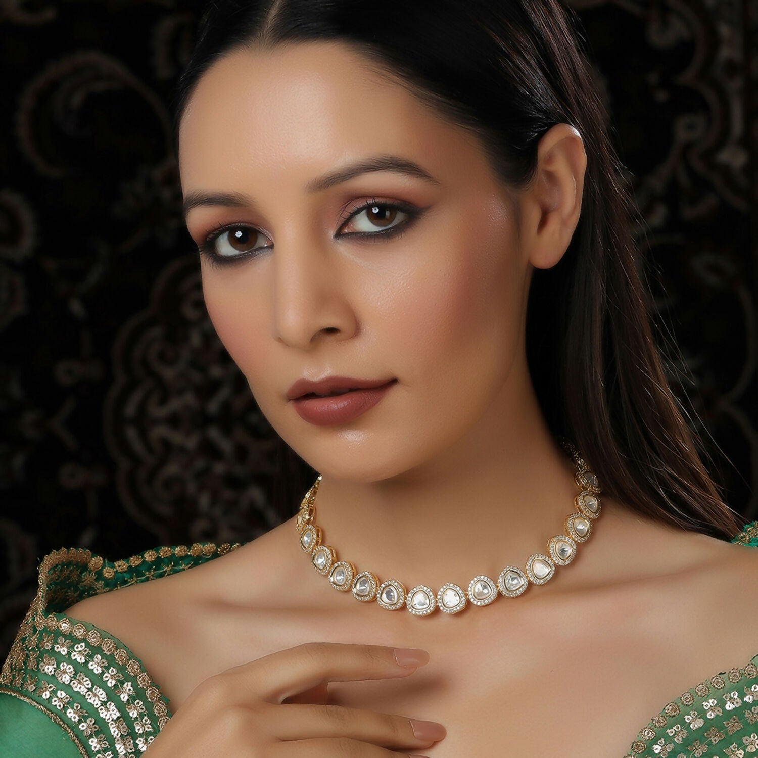 Kundan and Daimond Neckpiece in Brass (Gold) - Ruby Raang - Distacart