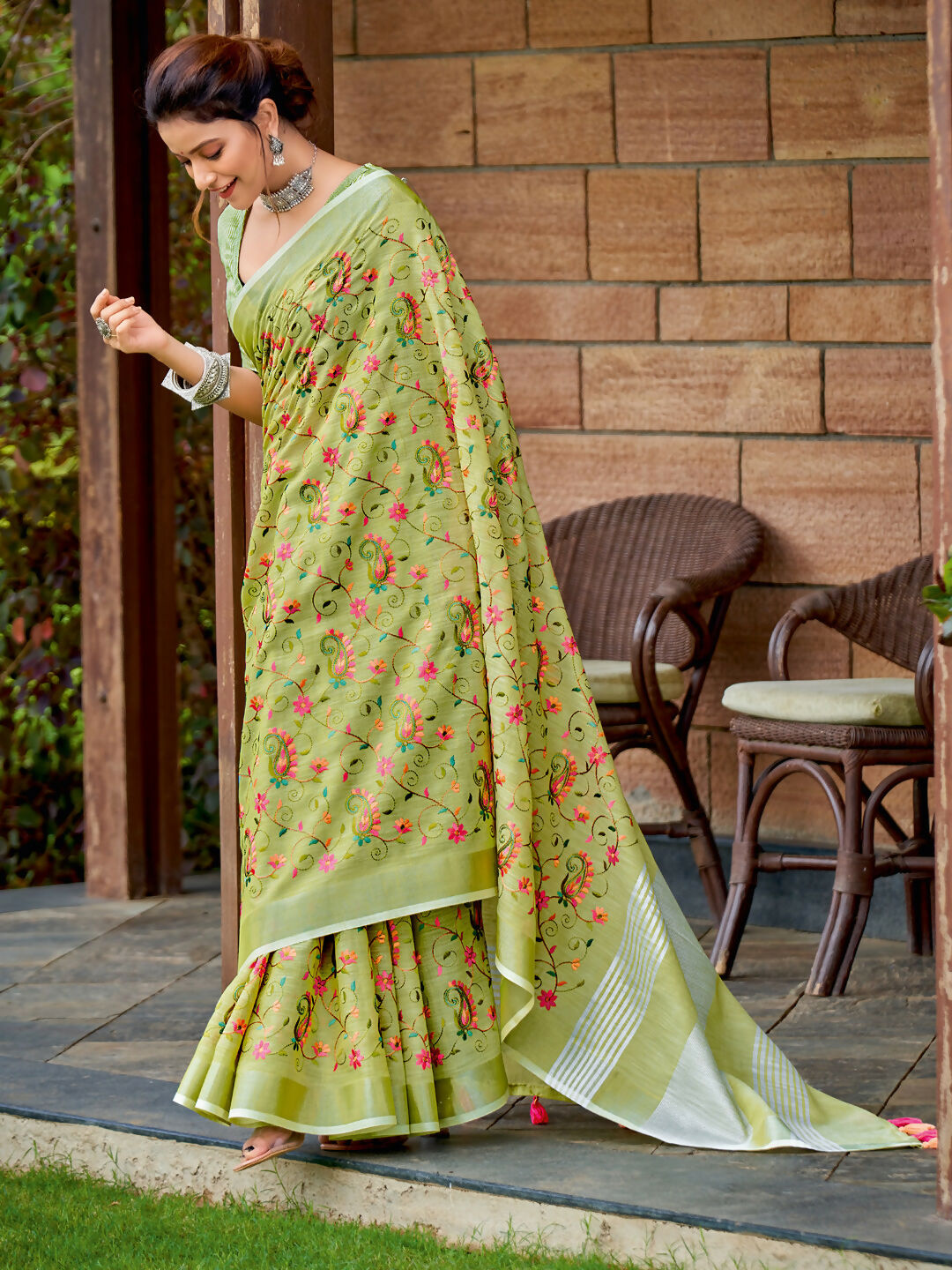 Astita Linen Yellow Green Saree