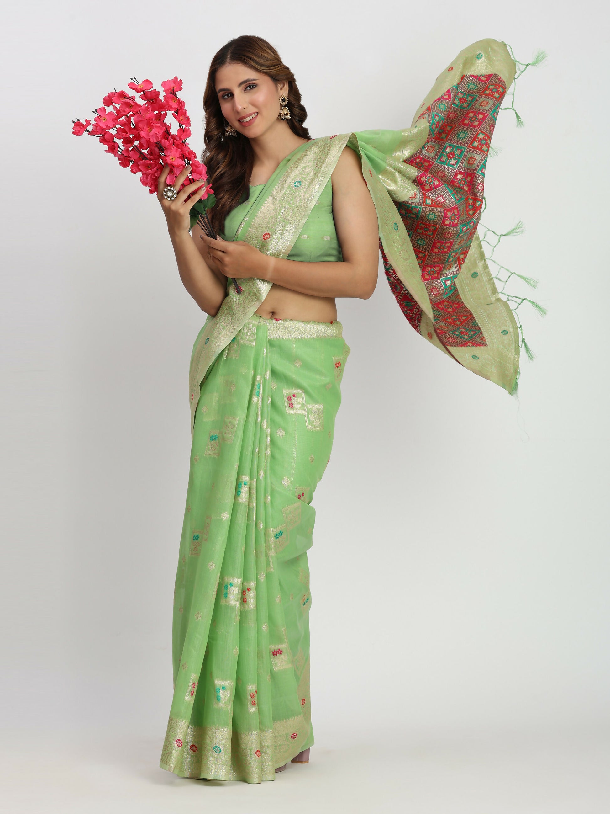 Shree Shyam Fashion Linen Cotton Light Green Saree - Distacart