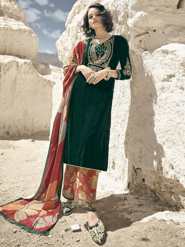 Aastha Fashion Women's Green Velvet Embroidered Kurta with Trouser & Dupatta - Distacart