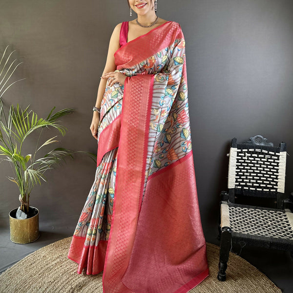 Joban Fashion Multi-Color Floral Digital Print Soft Lichi Silk Paithani Saree - Distacart