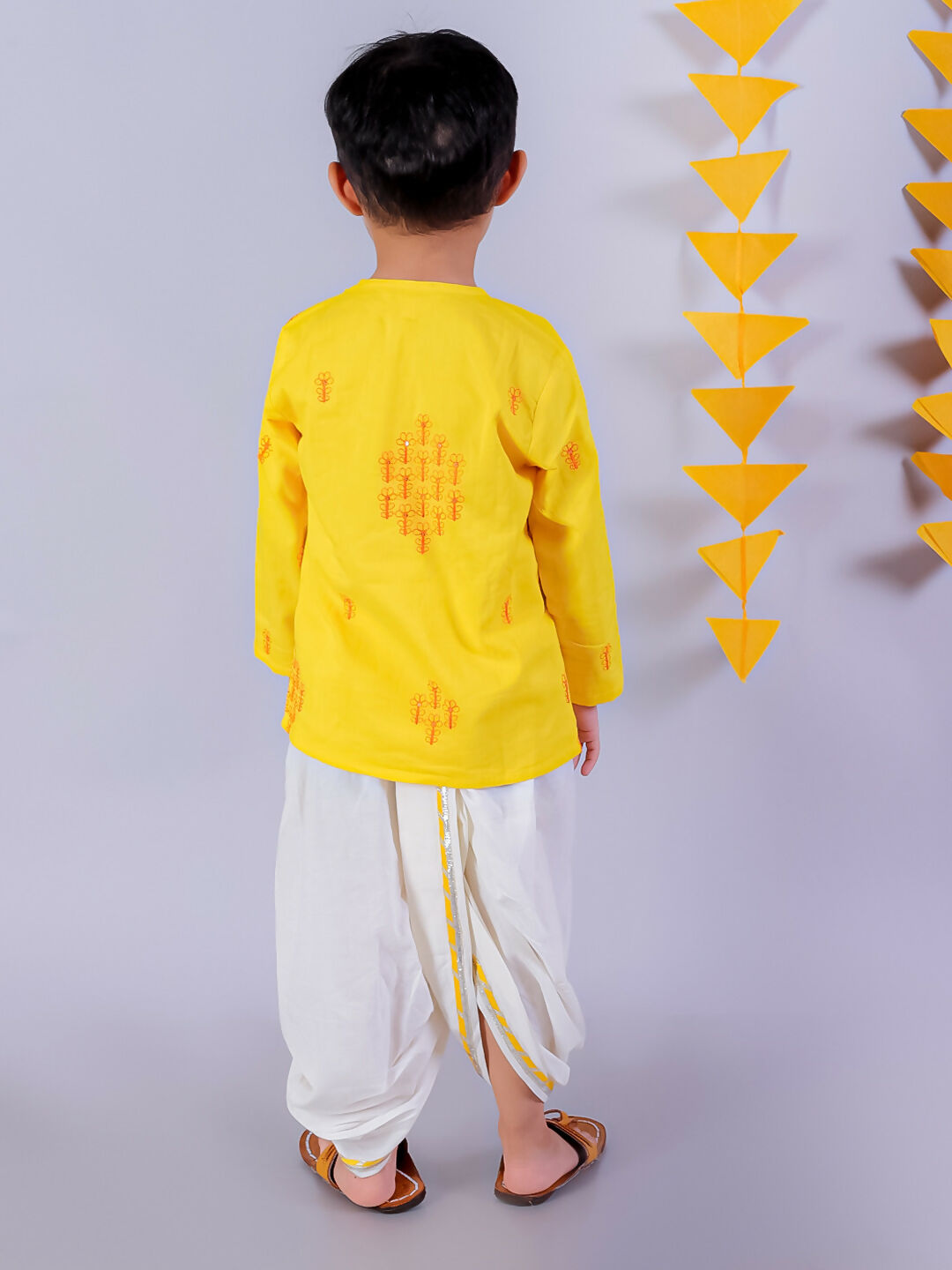 Lil Drama Janmashtami Yellow Boys Cotton Kurta and White Dhoti Ethnic Set