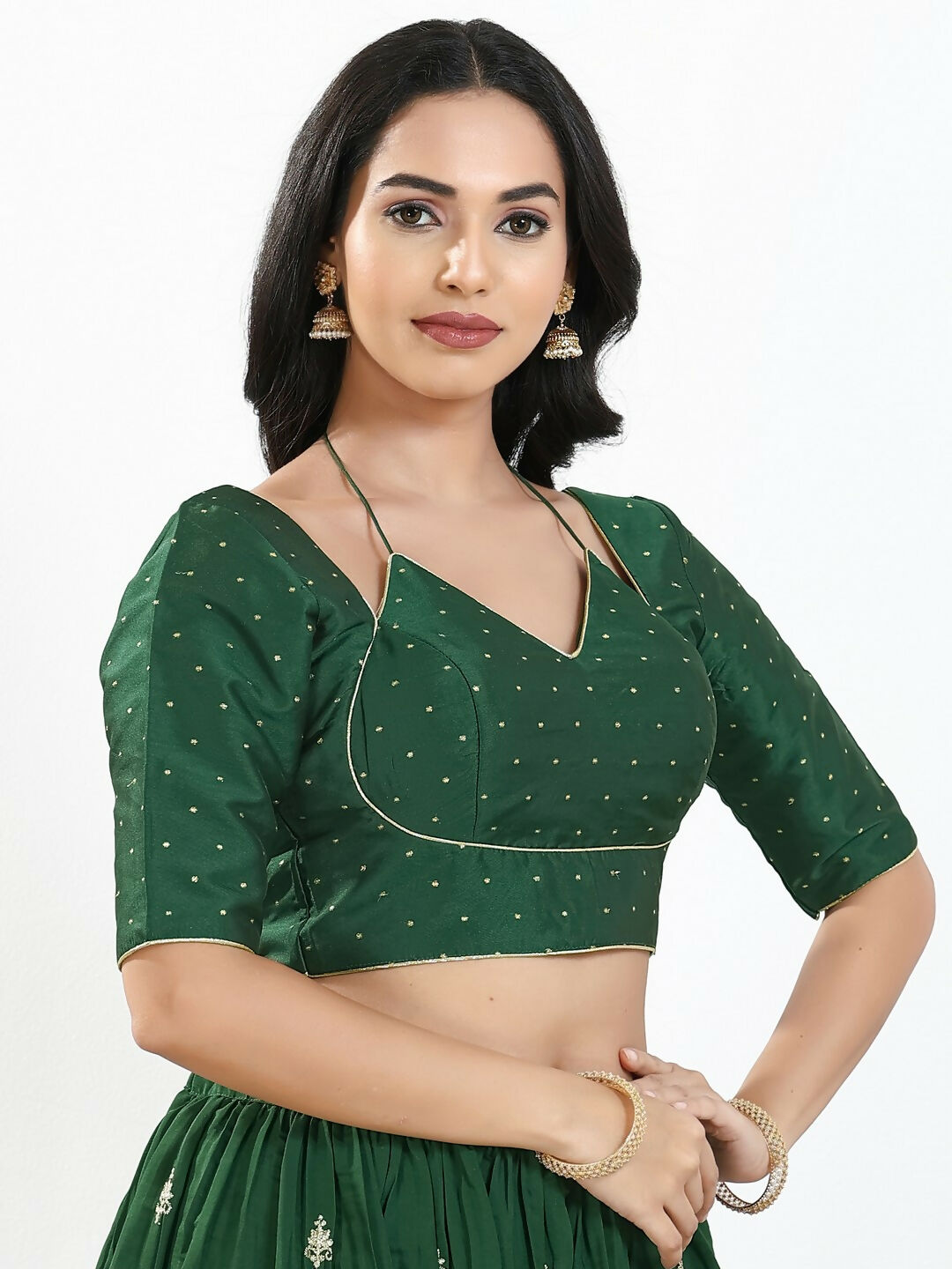 Joban Fashion Bottle Green Brocade Padded Blouse With Sweetheart Neck Elbow Sleeves