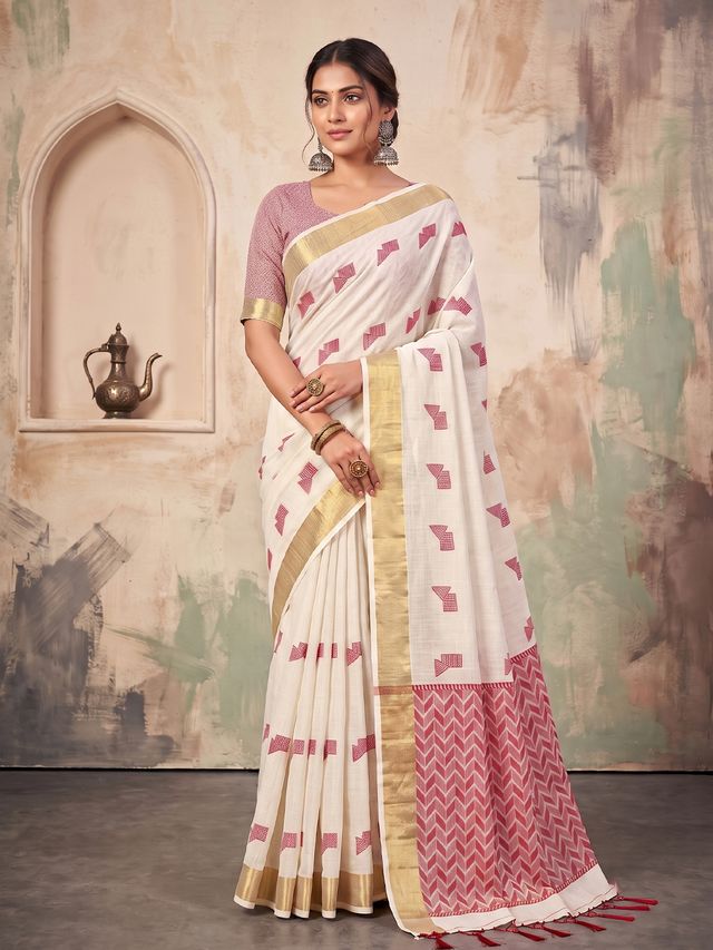 Shree Shyam Fashion Off White Woven Work Linen Fabric Daily Wear Saree With Blouse