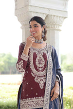 Thumbnail for Joban Fashion Maroon Kurta Set Silk Sequins , Zari, Coding & Thread Embroidered work - Distacart
