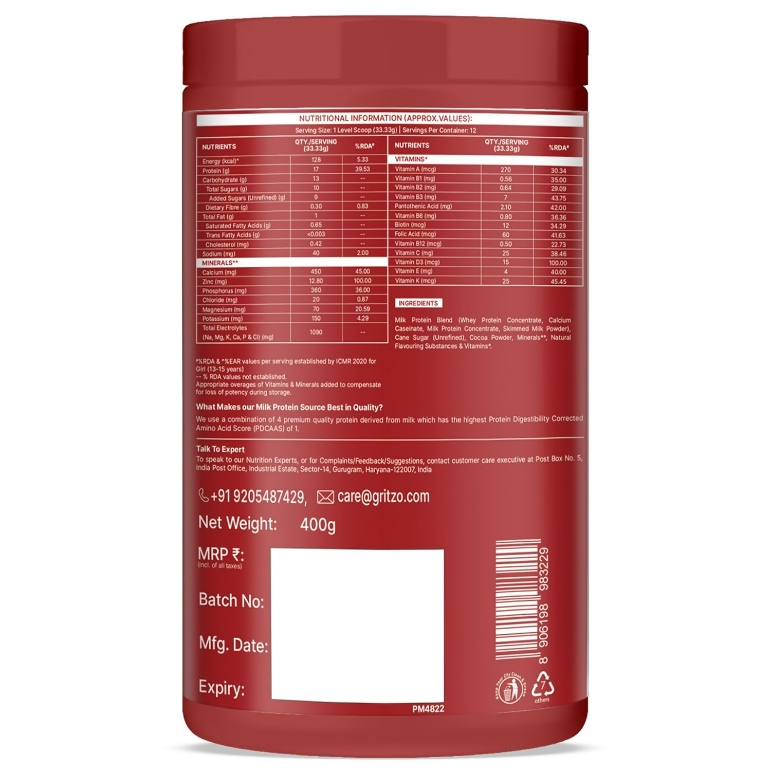 Gritzo SuperMilk Athlete Iron Man (13+y Boy & Girl), 17g Protein Powder (Double Chocolate) - Distacart