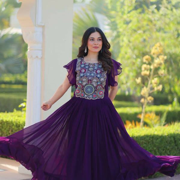 Joban Fashion Purple Georgette Sequence Embroidery Work Gown - Distacart