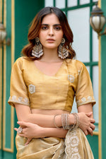 Thumbnail for Vastranavya Beige Embroidery Work Shimmer Chiffon Saree with Unstitched Blouse