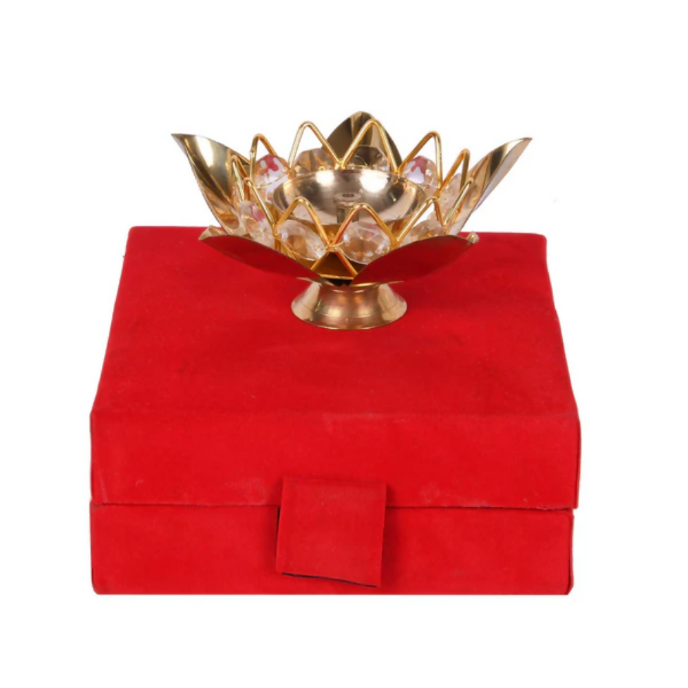 CraftVatika Brass Crystal Lotus Shape Diya Deepak With Gift Box - Dista