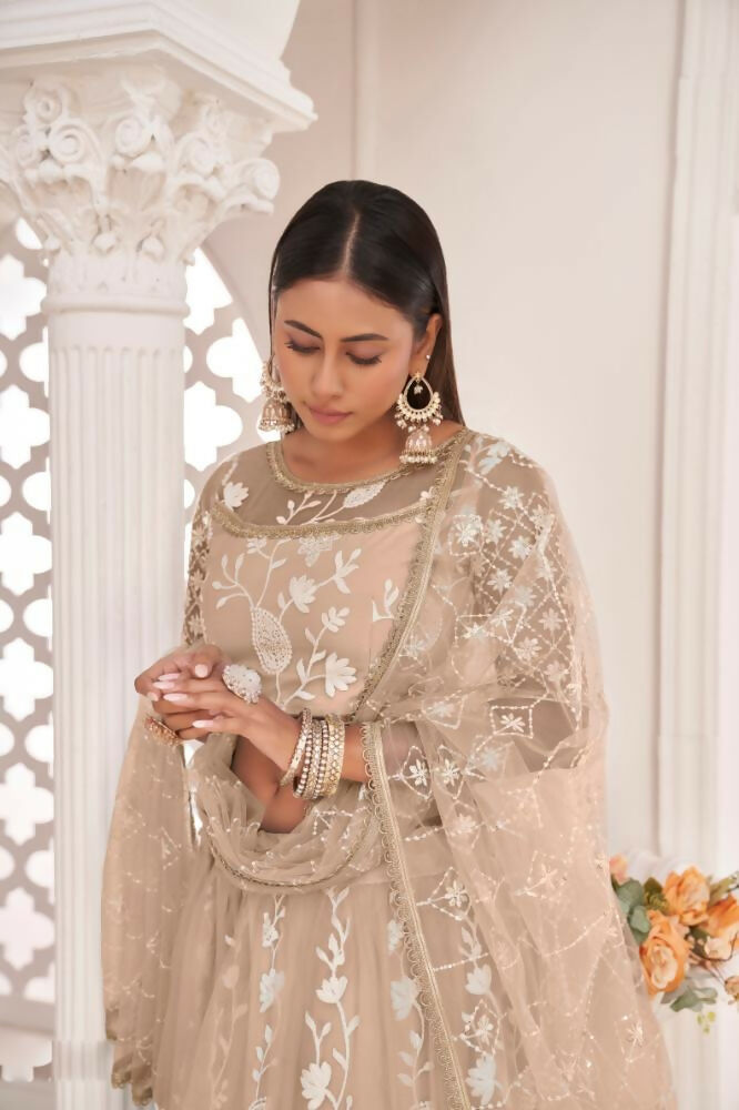 Aastha Fashion Dusty Chiku Butterfly Net White Cotton Thread Work, Zari Work And Sandwich Sequence Work Embroidery Wedding Wear Lehenga Choli - Distacart