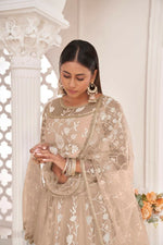 Thumbnail for Aastha Fashion Dusty Chiku Butterfly Net White Cotton Thread Work, Zari Work And Sandwich Sequence Work Embroidery Wedding Wear Lehenga Choli - Distacart