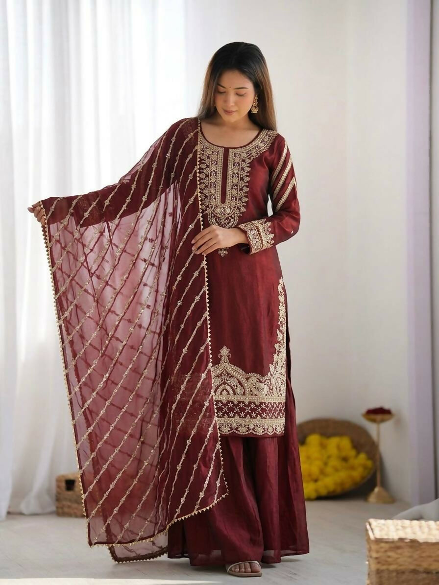 Teeya Creation Womens New Trendy Stylish Fancy Embroidery Beads Work Kurta Sharara Set For Wedding Wear - Red - Dista