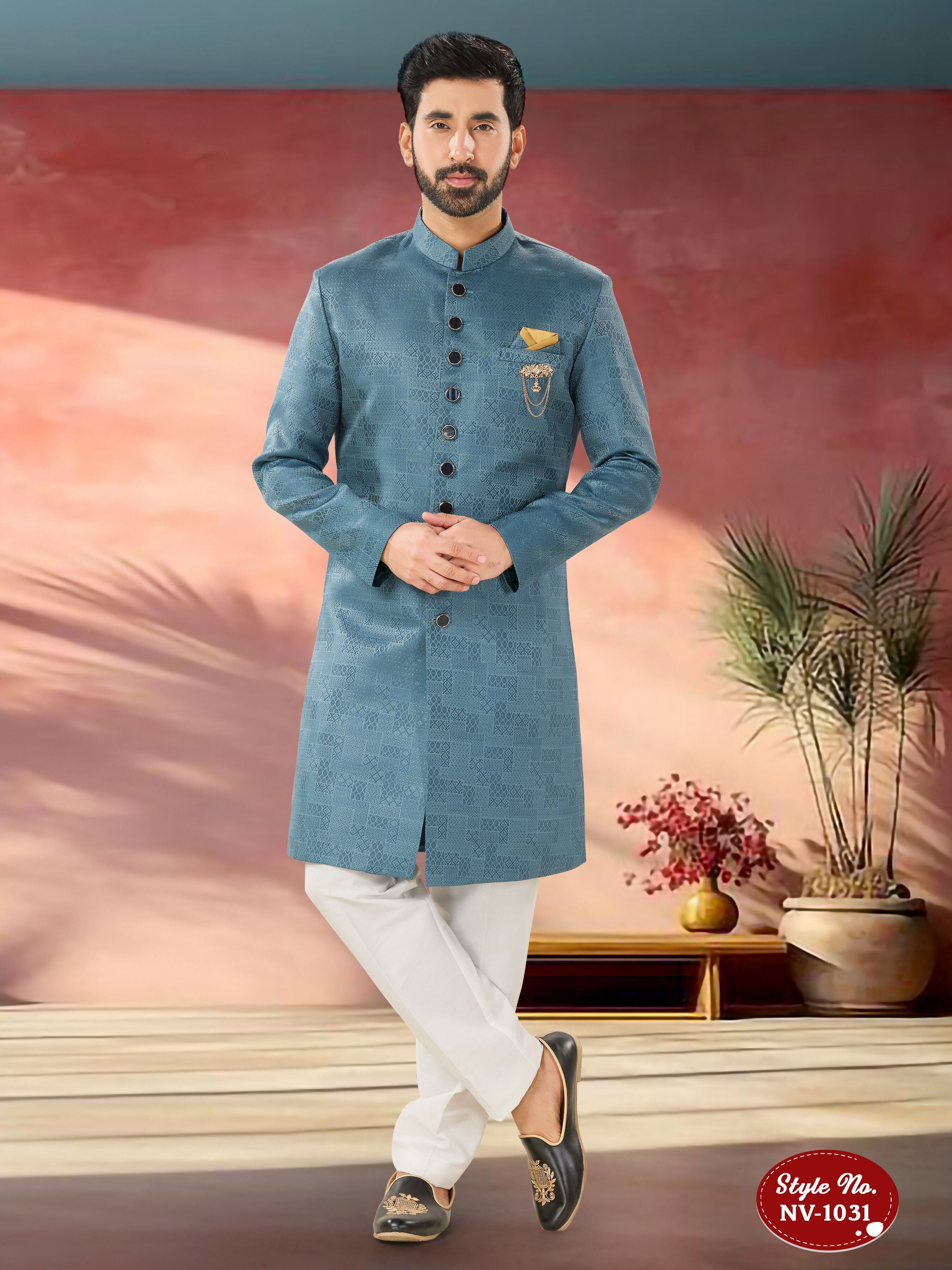 Joban Fashion Men's Blue Straight Imported Tr Self-Design In Fabric Indo-Western Kurta Set - Distacart