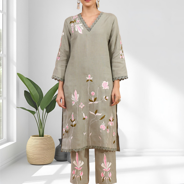 Joban Fashion Pista Green Linen Embroidered Readymade Long Kurta With Pant - Distacart