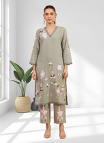 Thumbnail for Joban Fashion Pista Green Linen Embroidered Readymade Long Kurta With Pant - Distacart