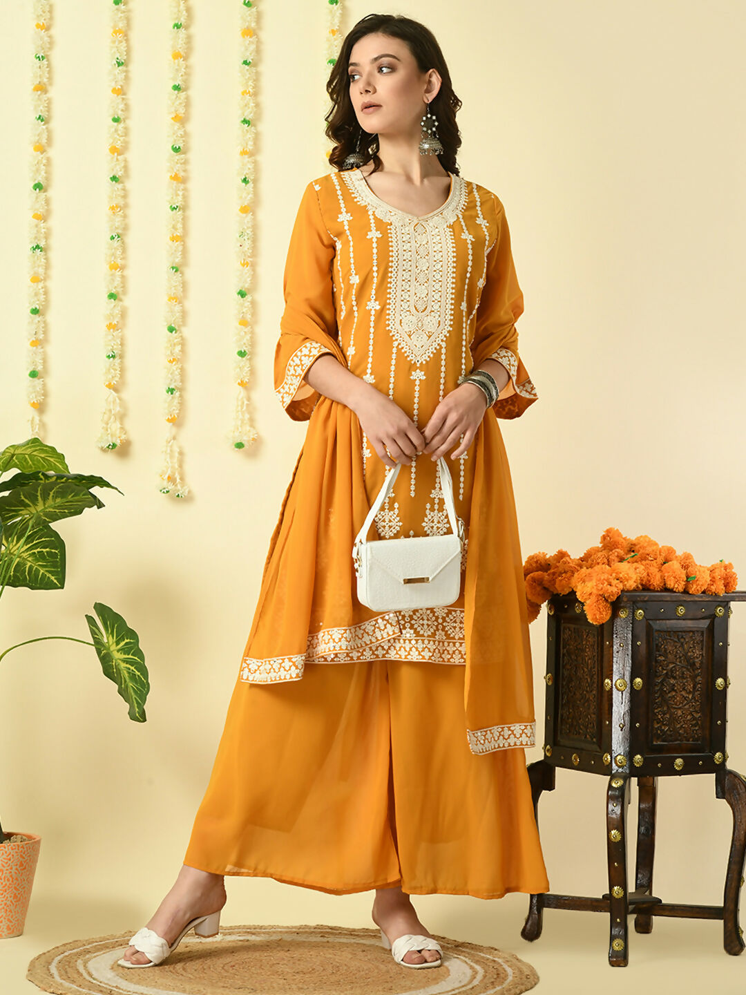 Myshka Women's Mustard Georgette Kurta & Palazzos With Dupatta Party Sets - Distacart