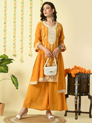 Myshka Women's Mustard Georgette Kurta & Palazzos With Dupatta Party Sets - Distacart