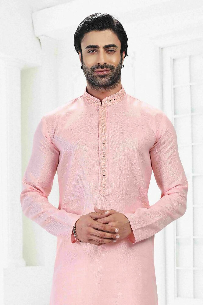 Raivat Ethnic Linen Cotton Thread Work Kurta Pajama In Pink Colour - Dista