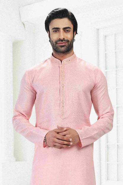 Raivat Ethnic Linen Cotton Thread Work Kurta Pajama In Pink Colour - Dista