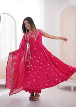 Thumbnail for Teeya Creation Pink Color Roman Silk Embroidery Work Party Wear Gown - Distacart