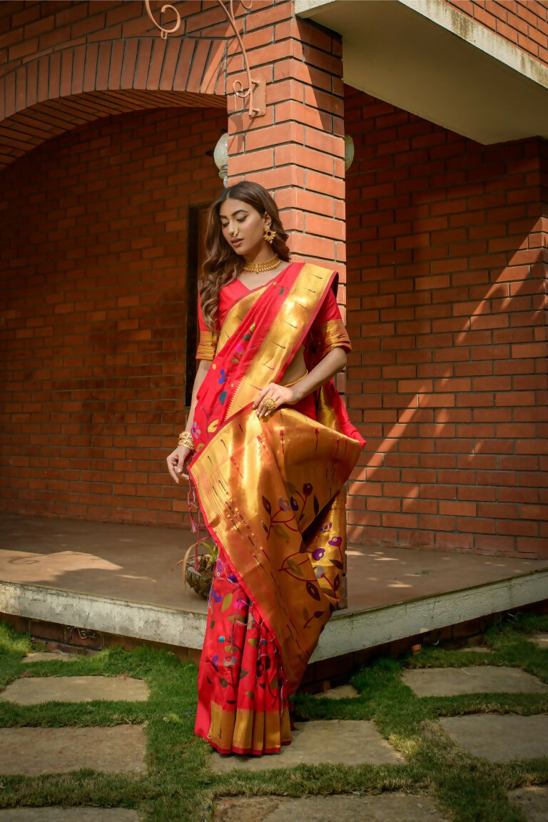 Jyoti Fashion Women's Gajri Red Paithani Silk Zari Woven Saree with Blouse - Distacart