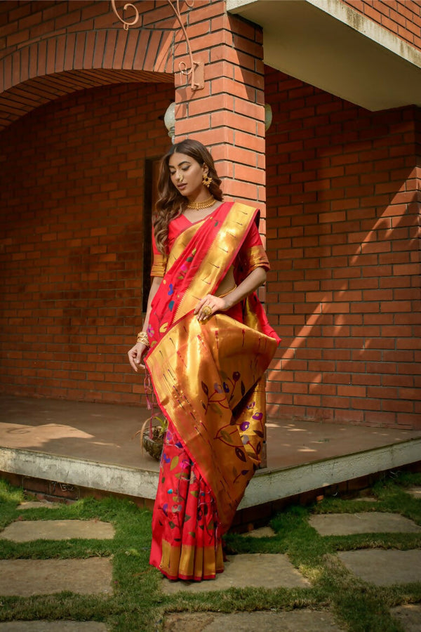 Jyoti Fashion Women's Gajri Red Paithani Silk Zari Woven Saree with Blouse - Distacart