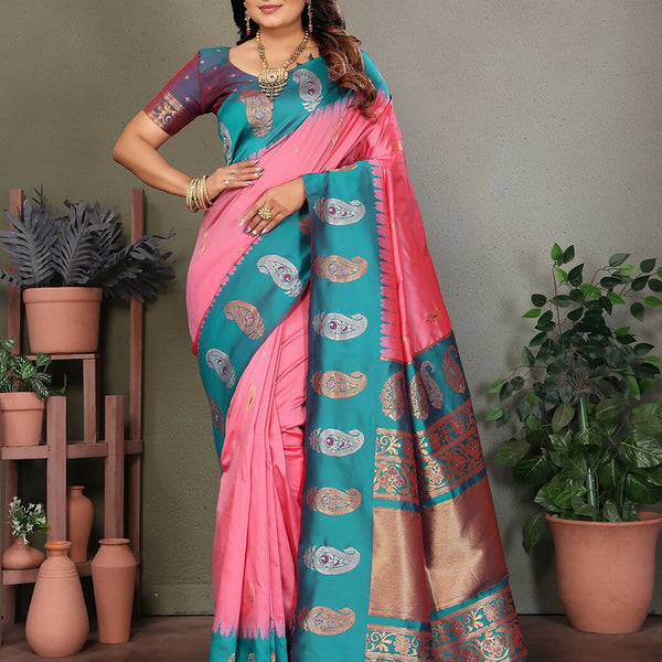 Joban Fashion Banarasi Baby Pink Butti Soft Silk Saree - Distacart