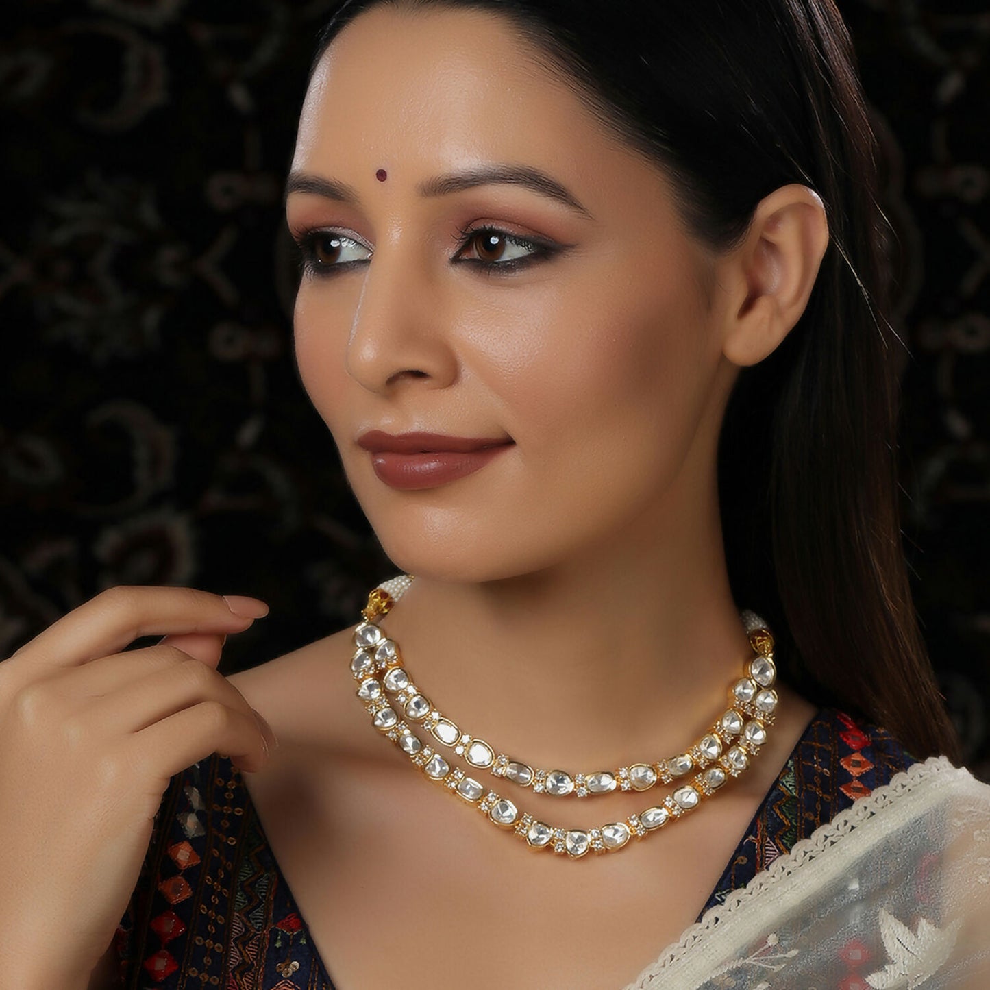 Double Layered Kundan and American Diamond Neckpiece (Gold) - Ruby Raang - Distacart