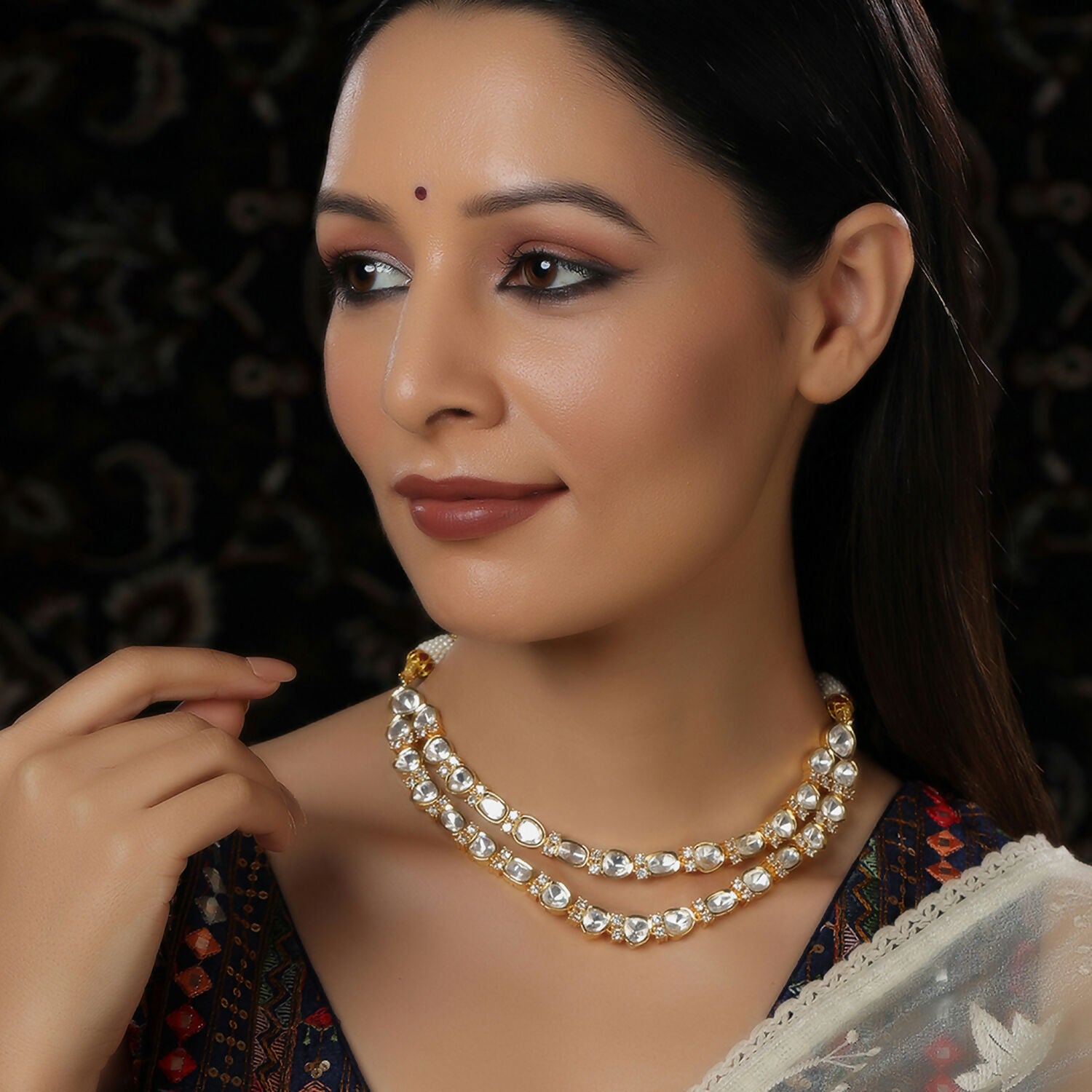 Double Layered Kundan and American Diamond Neckpiece (Gold) - Ruby Raang - Distacart