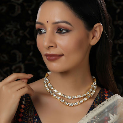 Double Layered Kundan and American Diamond Neckpiece (Gold) - Ruby Raang - Distacart