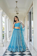 Thumbnail for Aastha Fashion Sky Blue Butterfly Net White Cotton Thread Work And Sequence Work Embroidery Wedding Wear Lehenga Choli - Distacart