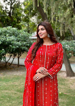 Thumbnail for Preksha Creation Designer Suit on Heavy Faux Georgette Fabric With Thread & Sequence With Pearl Work with Palazzo and Dupatta - Red - Distacart