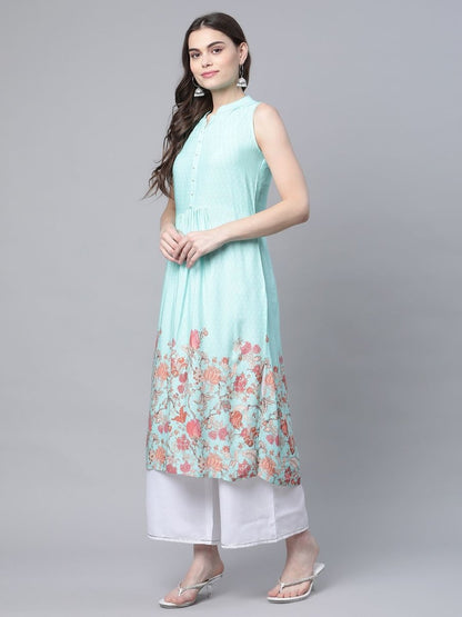 Ahalyaa Women's Sky Blue Rayon Printed Kurta Palazzo Set