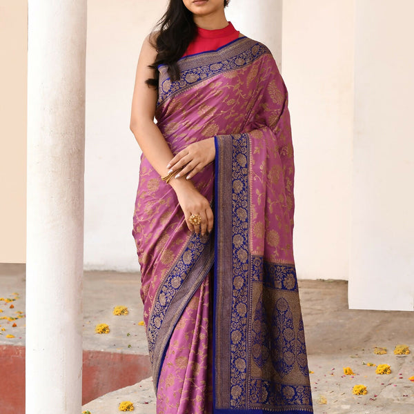 Joban Fashion Nude Pink Crepe Chiffon Pure Handloom Banarasi Silk Saree