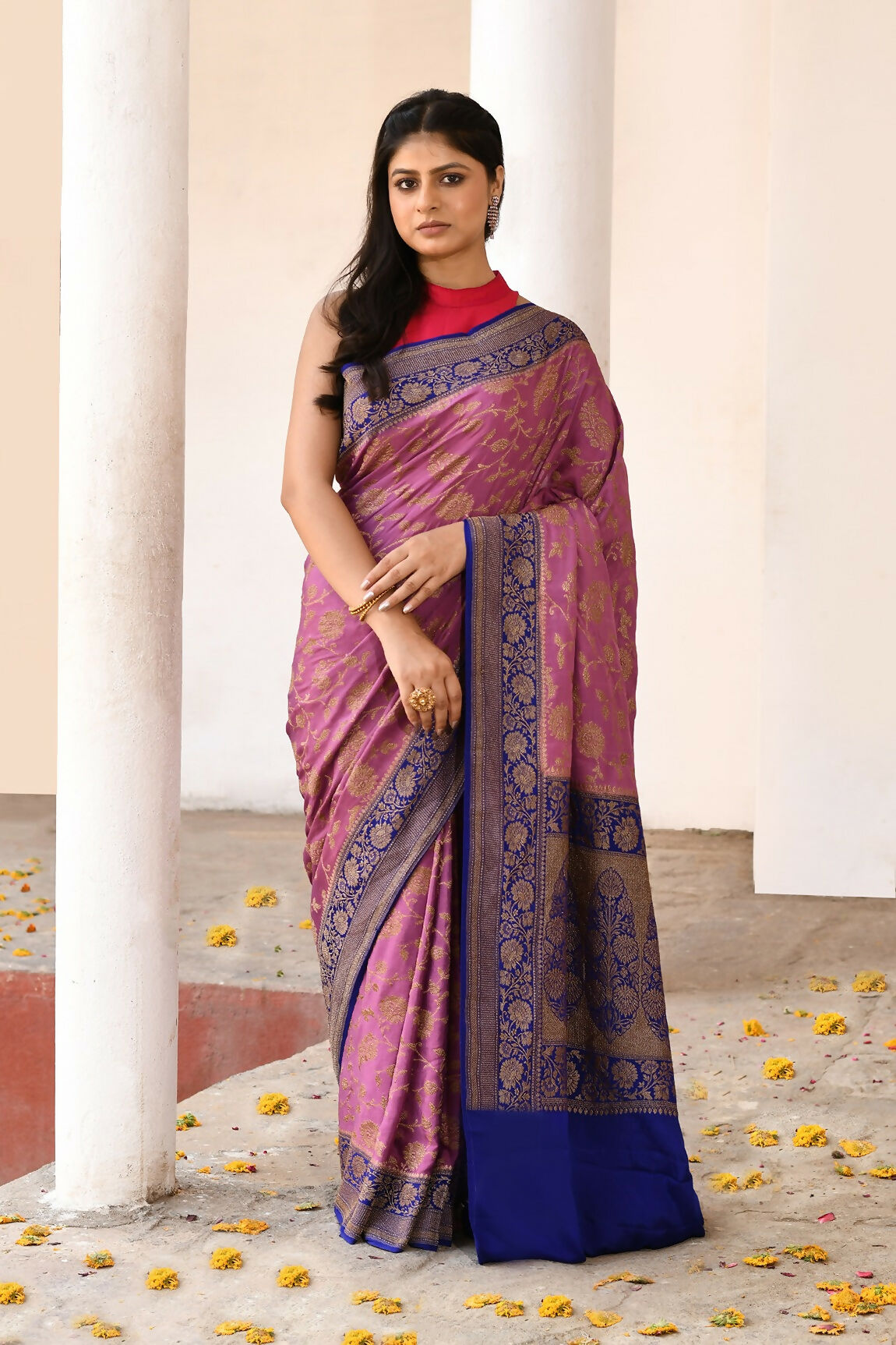 Joban Fashion Nude Pink Crepe Chiffon Pure Handloom Banarasi Silk Saree - Dista