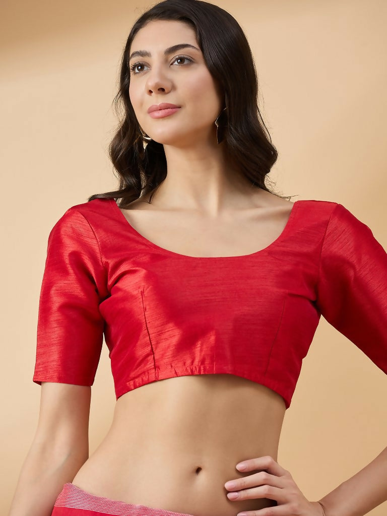 Red Cotton Blend Thread Embroidered Saree with Unstitched Blouse - Satya - Distacart