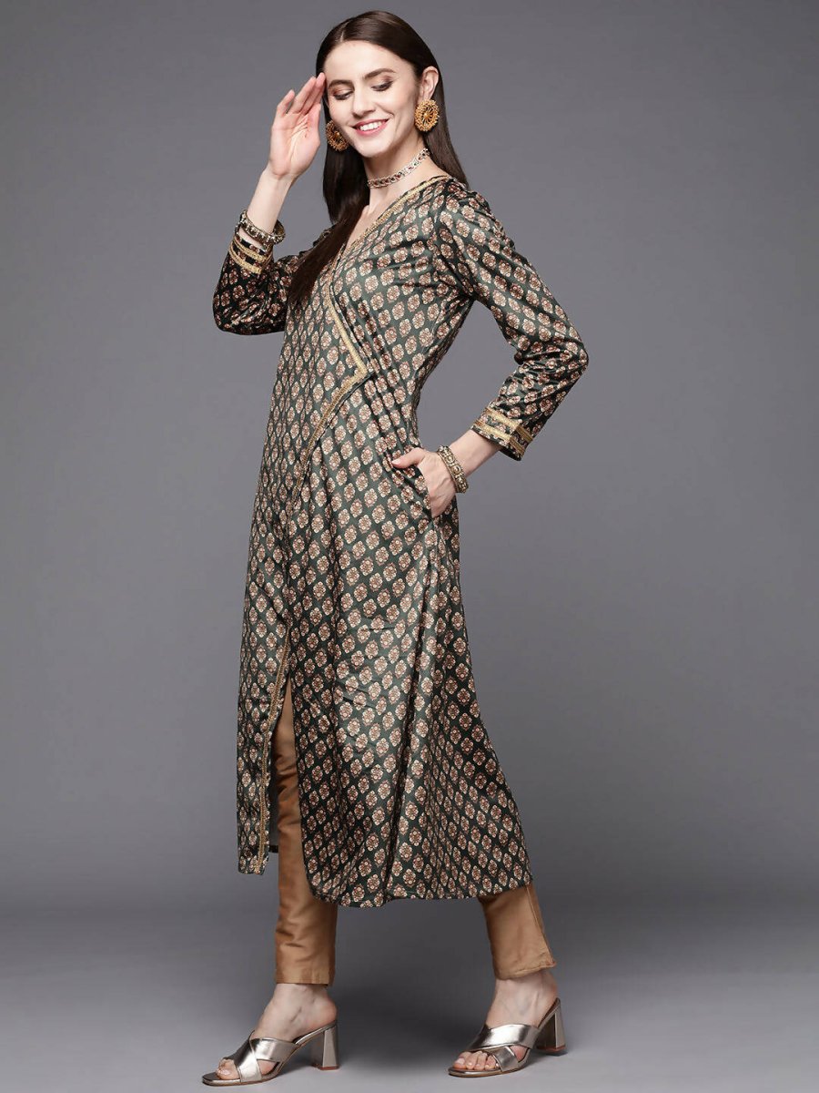 Ahalyaa Women Green & Cream-Coloured Floral Printed Velvet Kurta - Distacart