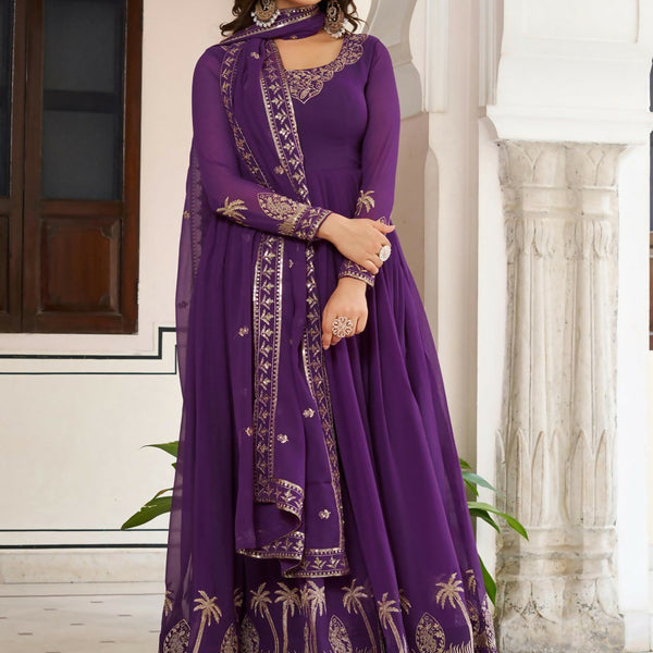 The52 Women's Gorgeous Faux Georgette Fabric Embroidery Work Flared Anarkali Pant and Dupatta Set - Distacart