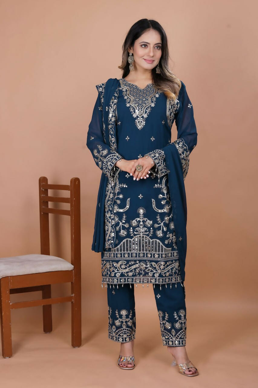 Joban Fashion Blue Georgette Embroidered Kurti Set - Distacart