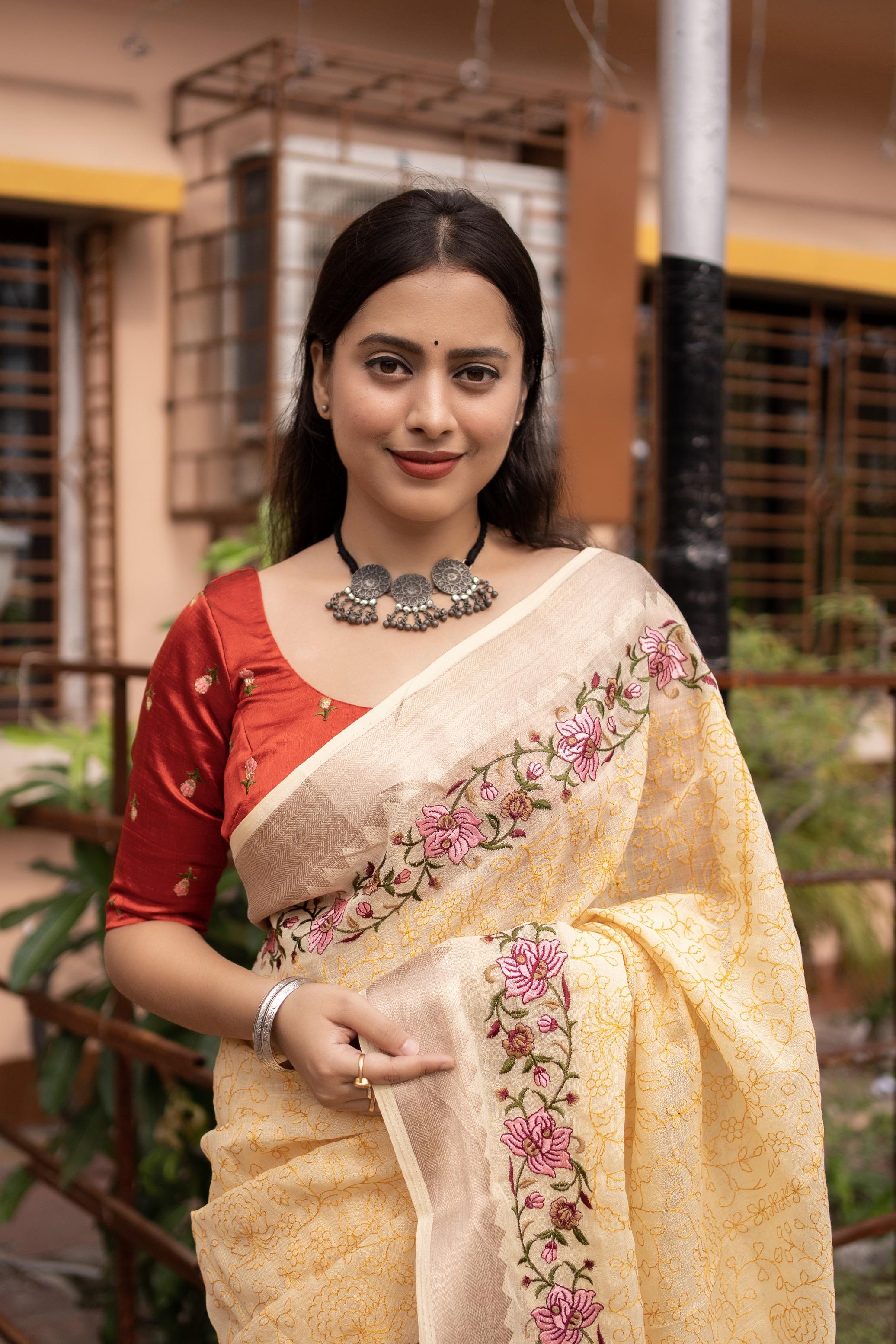 Yellow Pure Linen Woven Design Saree with Unstitched Blouse - Hiral Fashion - Distacart
