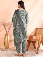 Thumbnail for Ode by House of Pataudi Printed Mirror Work Pure Cotton Kurta With Trousers & Dupatta - Distacart