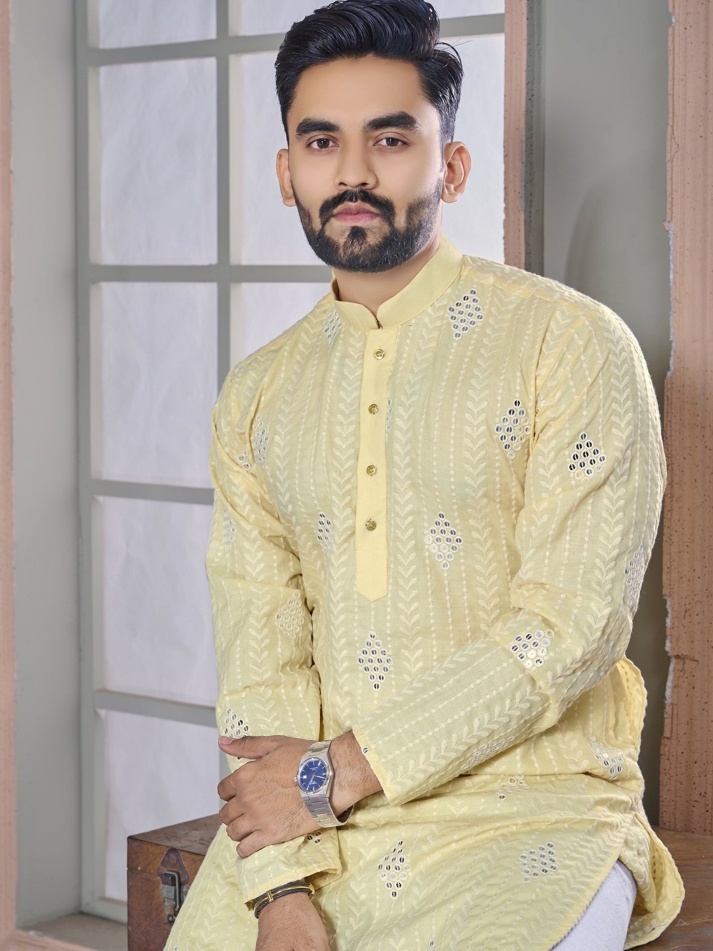 Yellow Linen Men Kurta Pajama Set by Infinity Export - Distacart