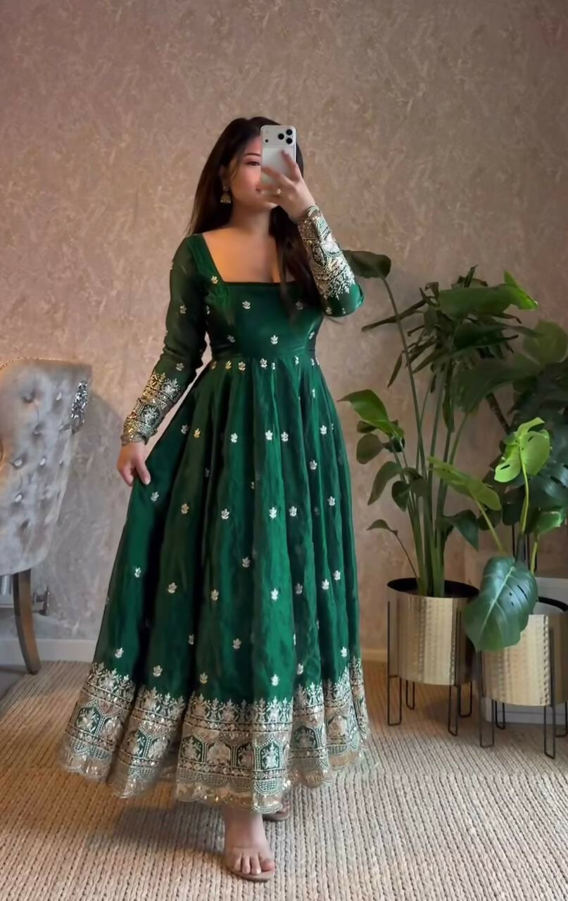 Teeya Creation Green Fendi Silk Designer Heavy Work Wedding Wear Long Gown - Distacart