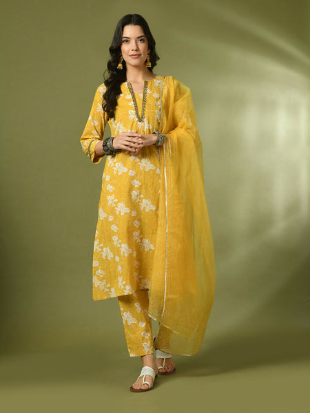 Myshka Women's Yellow Printed Cotton Straight Party Kurta Set With Dupatta - Distacart
