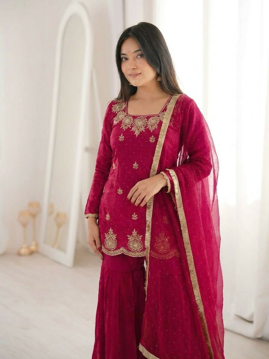 Teeya Creation Womens New Fancy Embroidery Sequence Work With Zarkan Diamond Work Kurta Set - Dista